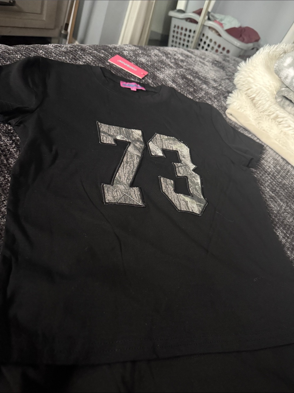 Edikted Black Short Sleeve Tee with Metallic Silver '73' Graphic